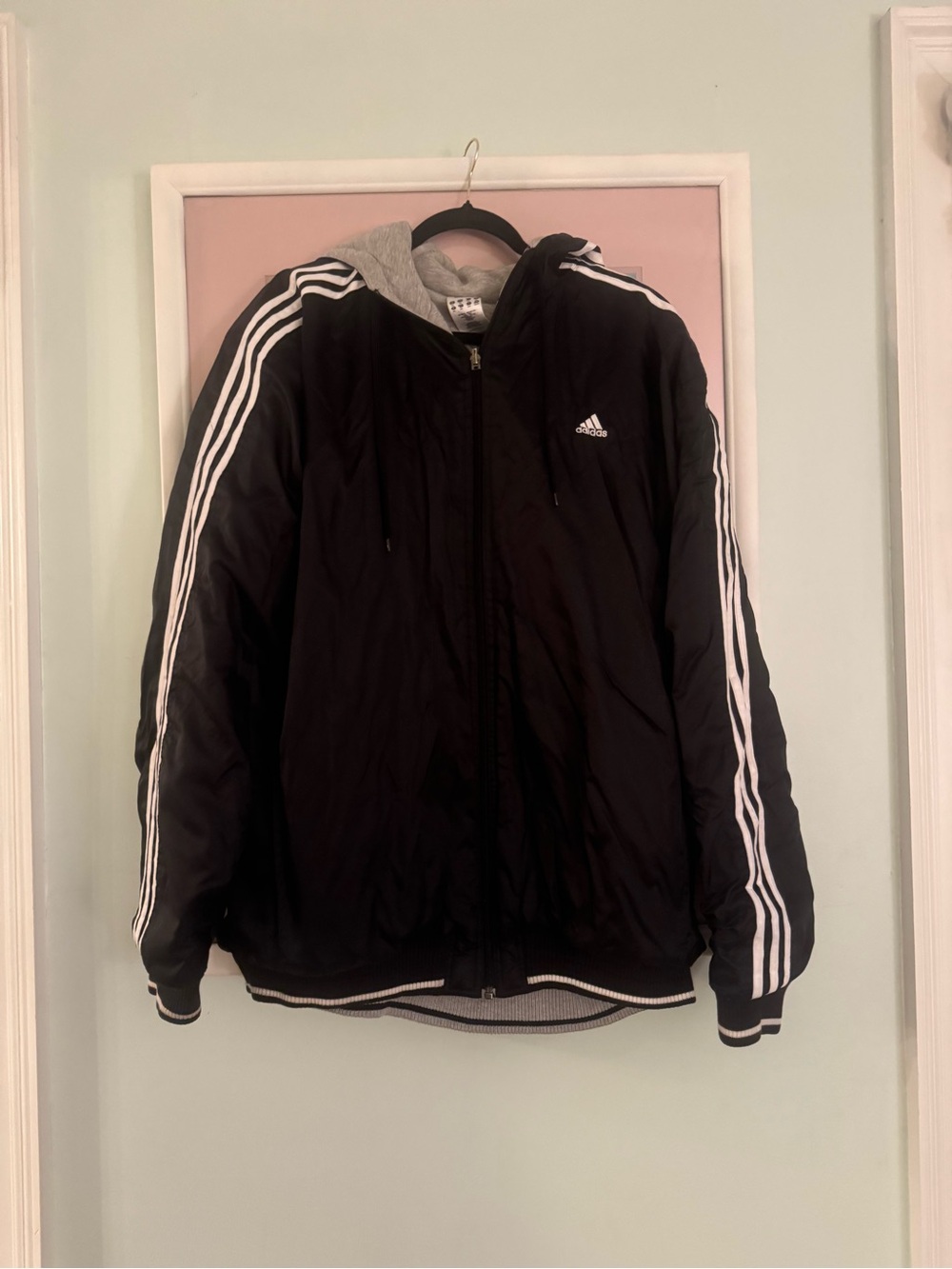 adidas Black Hooded Windbreaker Jacket with White Stripes